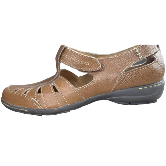 Bjorndal Womens Sz 10W Mary Janes Dark Tan Leather with Cutouts Strap Sandals - Picture 5 of 10